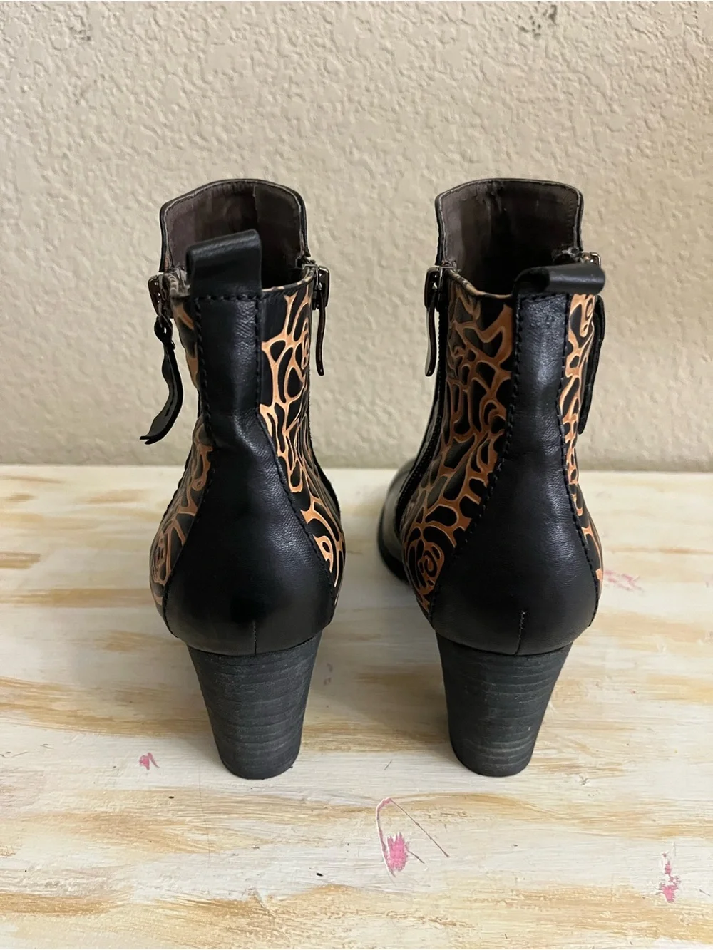 Women's Black Ankle Boots with Tan Floral Cutout Panels